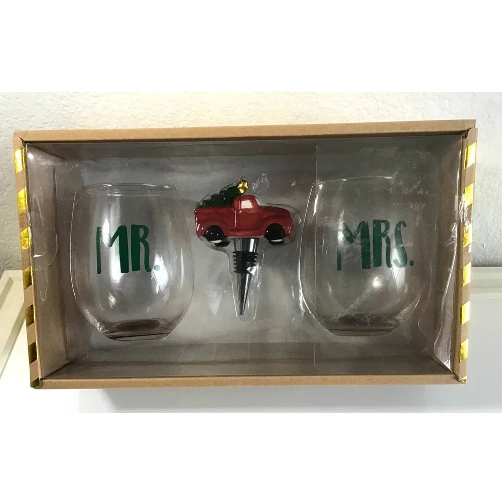 Melwood 2 Stemless Wine Glasses & Ceramic Bottle stopper Gift Set